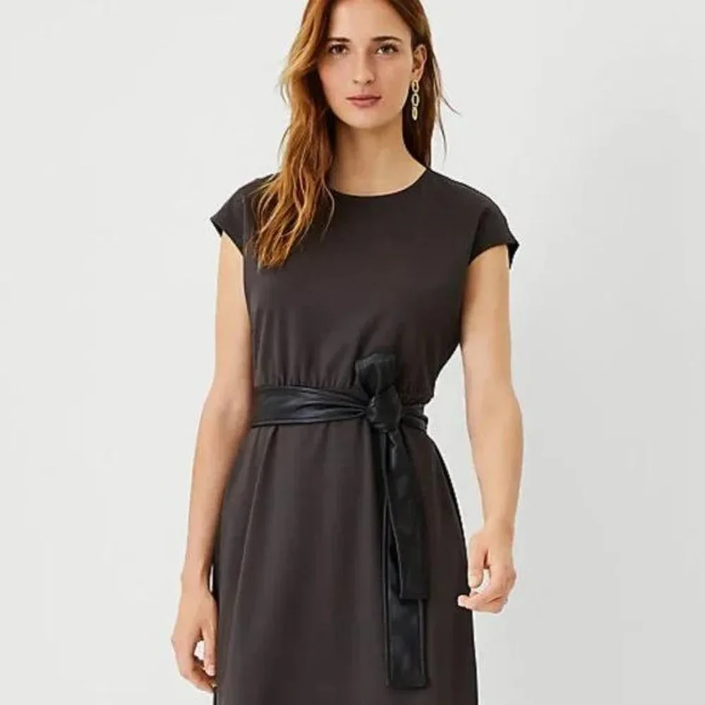 Ann Taylor Faux Leather Belted Flare Dress - Picture 3 of 4